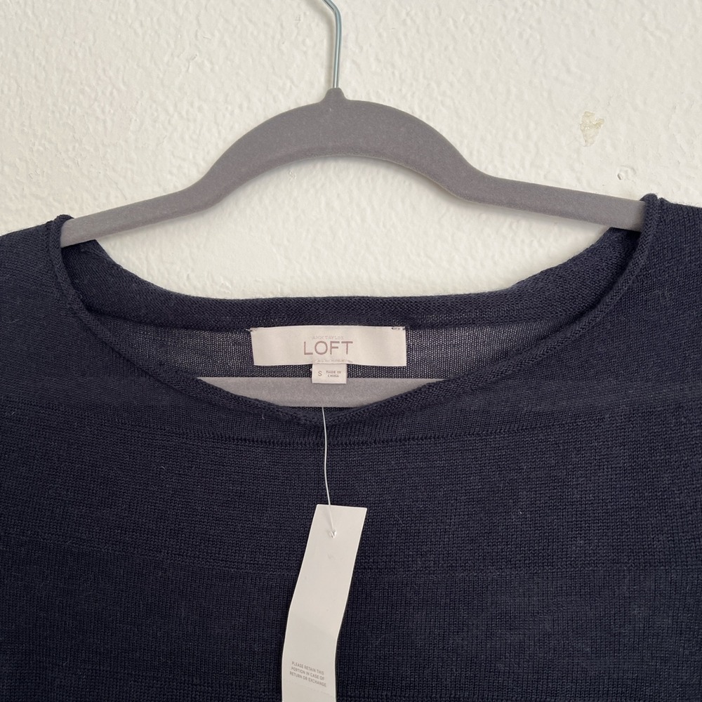 LOFT Navy Sheer Lightweight Sweater | Roll Tab Sleeve Minimalist Chic Casual Top - Picture 2 of 5